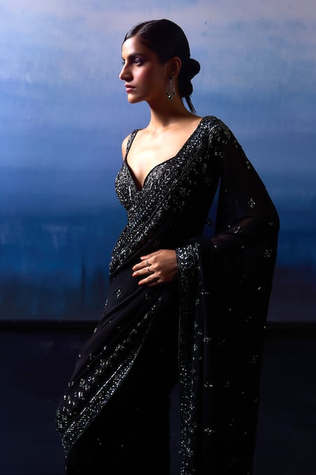 Shop_Angad Singh_Black Georgette Crystals, Cut Work, Sequins Embroidered Saree With Blouse _Online_at_Aza_Fashions