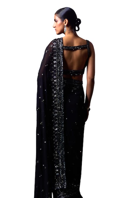 Angad Singh_Black Georgette Crystals, Cut Work, Sequins Embroidered Saree With Blouse _at_Aza_Fashions
