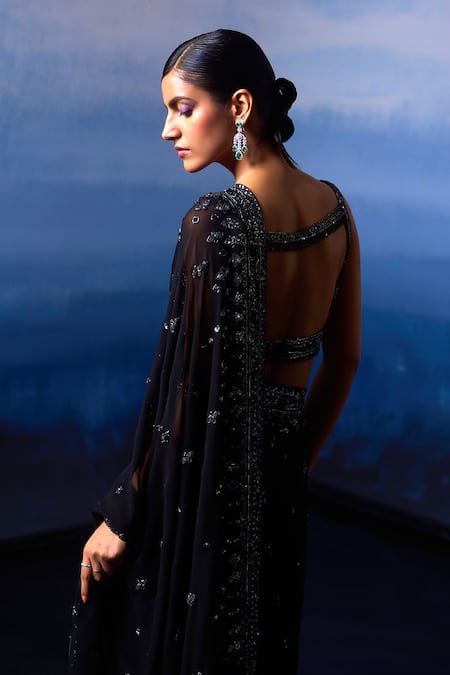 Buy_Angad Singh_Black Georgette Crystals, Cut Work, Sequins Embroidered Saree With Blouse 
