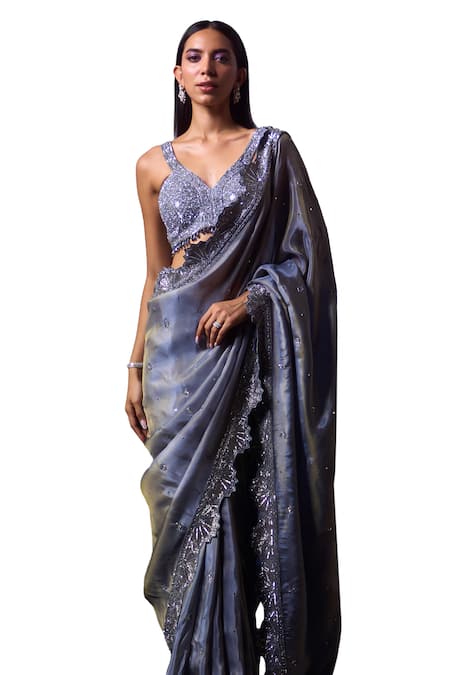 Angad Singh_Grey Tissue Sequins, Beads Asymmetric Cutwork Embroidered Saree With Blouse _Online_at_Aza_Fashions