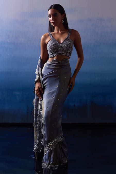 Buy_Angad Singh_Grey Tissue Sequins, Beads Asymmetric Cutwork Embroidered Saree With Blouse _Online_at_Aza_Fashions