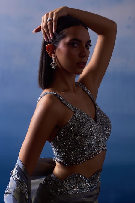 Shop_Angad Singh_Grey Tissue Sequins, Beads Asymmetric Cutwork Embroidered Saree With Blouse _Online_at_Aza_Fashions