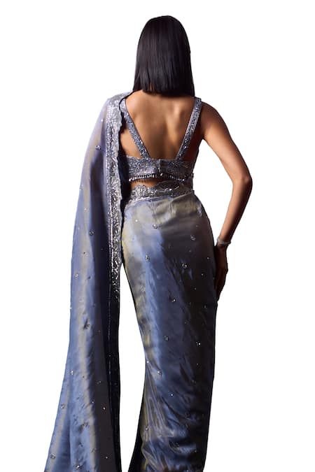 Angad Singh_Grey Tissue Sequins, Beads Asymmetric Cutwork Embroidered Saree With Blouse _at_Aza_Fashions