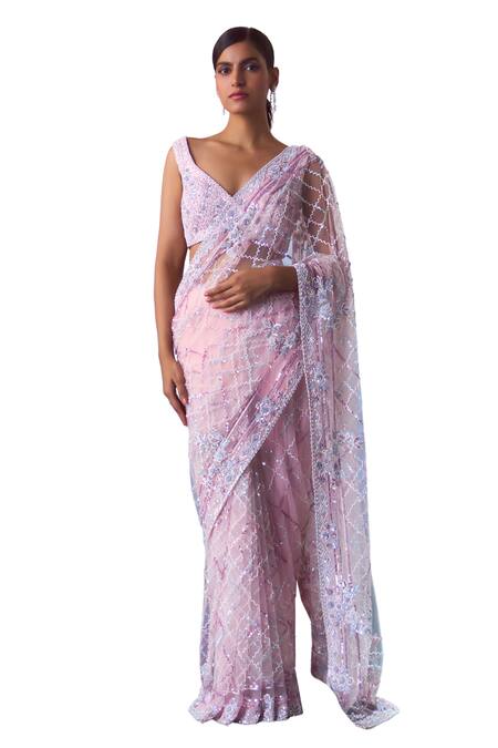 Angad Singh_Pink Net Beads, Sequins, Crystals V-neck Embroidered Jaal Work Saree With Blouse _Online_at_Aza_Fashions