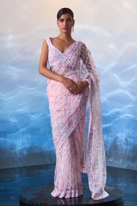 Buy_Angad Singh_Pink Net Beads, Sequins, Crystals V-neck Embroidered Jaal Work Saree With Blouse _Online_at_Aza_Fashions