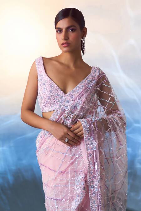 Shop_Angad Singh_Pink Net Beads, Sequins, Crystals V-neck Embroidered Jaal Work Saree With Blouse _Online_at_Aza_Fashions