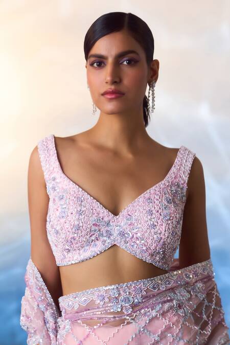 Angad Singh_Pink Net Beads, Sequins, Crystals V-neck Embroidered Jaal Work Saree With Blouse _at_Aza_Fashions