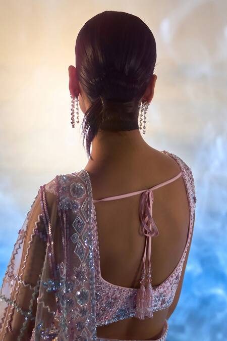 Buy_Angad Singh_Pink Net Beads, Sequins, Crystals V-neck Embroidered Jaal Work Saree With Blouse 