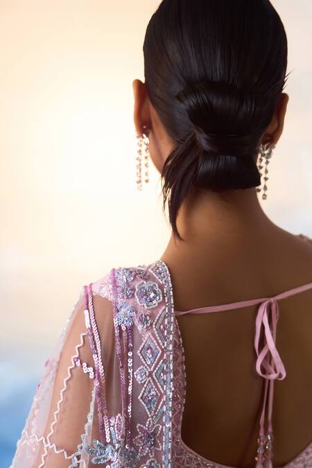 Shop_Angad Singh_Pink Net Beads, Sequins, Crystals V-neck Embroidered Jaal Work Saree With Blouse 