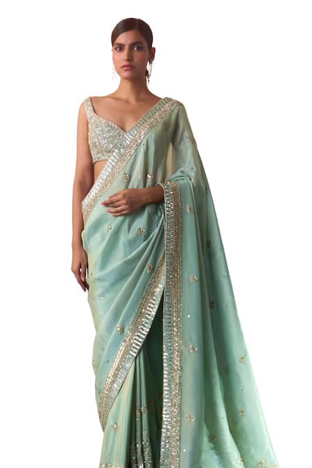 Angad Singh_Green Tissue Sequins, Crystals, Beads Azura Crest Embroidered Saree Set _Online_at_Aza_Fashions