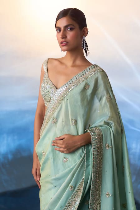 Shop_Angad Singh_Green Tissue Sequins, Crystals, Beads Azura Crest Embroidered Saree Set _Online_at_Aza_Fashions
