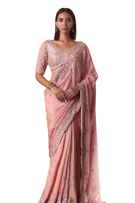 Angad Singh_Peach Tissue Sequins, Crystals, Zari, Beads Starla Bloom Embroidered Saree Set _Online_at_Aza_Fashions