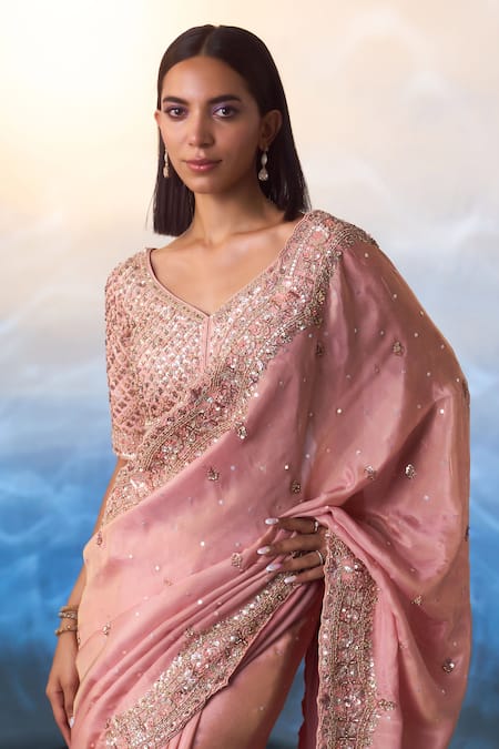 Buy_Angad Singh_Peach Tissue Sequins, Crystals, Zari, Beads Starla Bloom Embroidered Saree Set _Online_at_Aza_Fashions