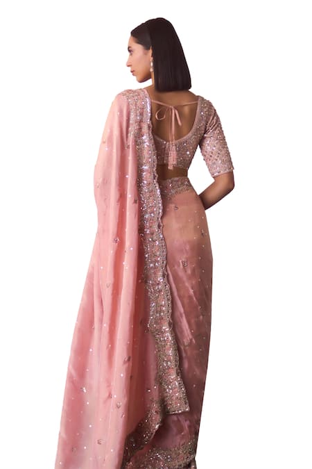 Shop_Angad Singh_Peach Tissue Sequins, Crystals, Zari, Beads Starla Bloom Embroidered Saree Set _Online_at_Aza_Fashions
