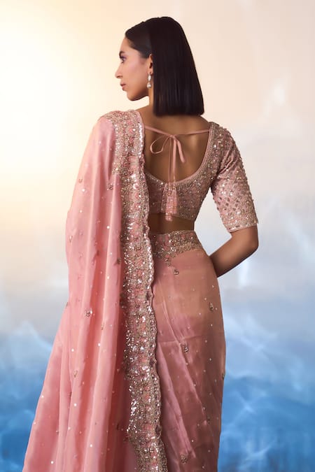Angad Singh_Peach Tissue Sequins, Crystals, Zari, Beads Starla Bloom Embroidered Saree Set _at_Aza_Fashions