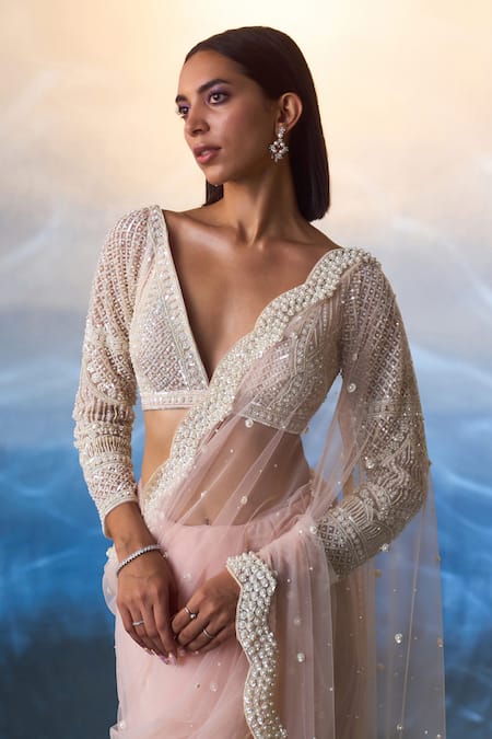 Shop_Angad Singh_Peach Net Pearls, Sequins Plunge Neck And Meadow Embroidered Saree Set _Online_at_Aza_Fashions
