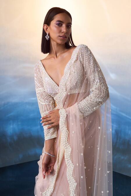 Angad Singh_Peach Net Pearls, Sequins Plunge Neck And Meadow Embroidered Saree Set _at_Aza_Fashions