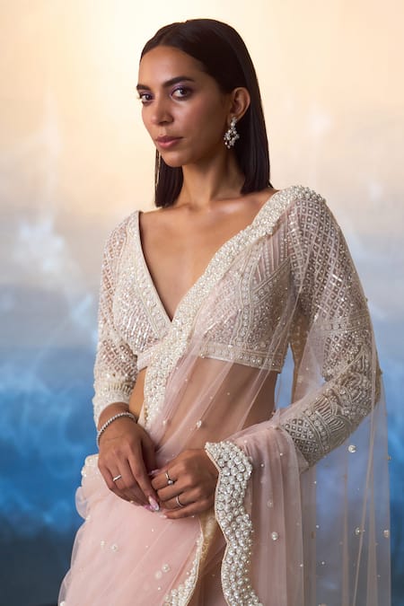 Buy_Angad Singh_Peach Net Pearls, Sequins Plunge Neck And Meadow Embroidered Saree Set 