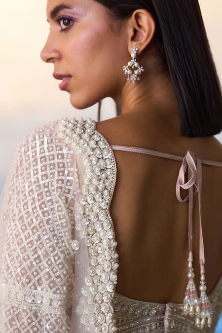 Shop_Angad Singh_Peach Net Pearls, Sequins Plunge Neck And Meadow Embroidered Saree Set 