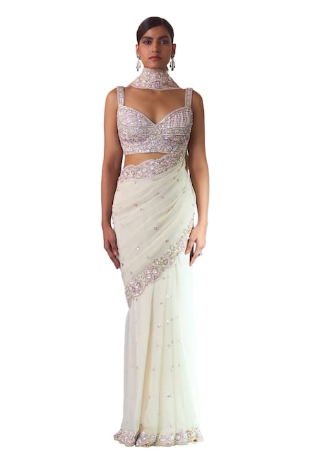 Angad Singh_Ivory Georgette Pearls, Sequins, Crystals, Celeste Bloom Embroidered Saree Set _Online_at_Aza_Fashions
