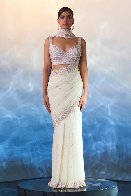Buy_Angad Singh_Ivory Georgette Pearls, Sequins, Crystals, Celeste Bloom Embroidered Saree Set _Online_at_Aza_Fashions