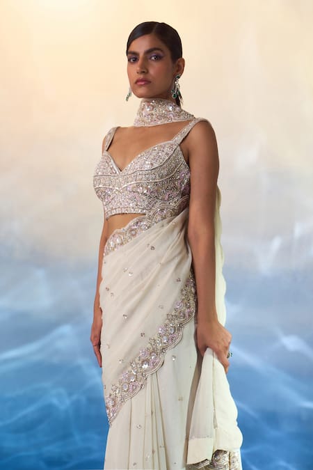 Angad Singh_Ivory Georgette Pearls, Sequins, Crystals, Celeste Bloom Embroidered Saree Set _at_Aza_Fashions