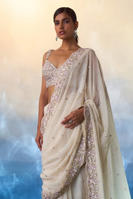 Buy_Angad Singh_Ivory Georgette Pearls, Sequins, Crystals, Celeste Bloom Embroidered Saree Set 