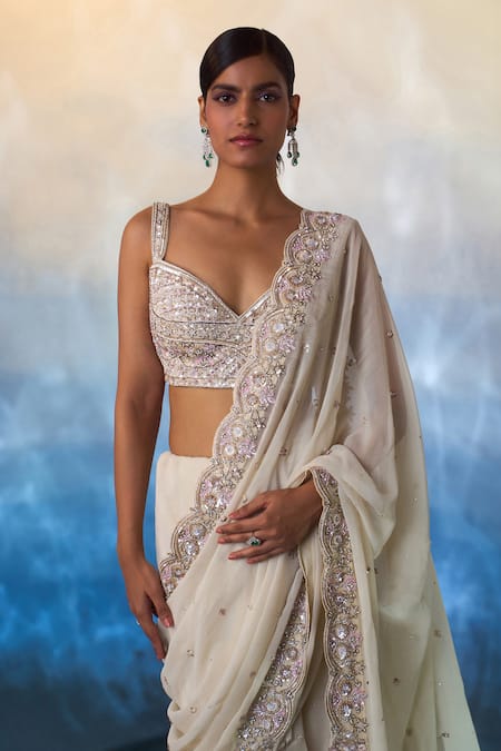 Shop_Angad Singh_Ivory Georgette Pearls, Sequins, Crystals, Celeste Bloom Embroidered Saree Set 