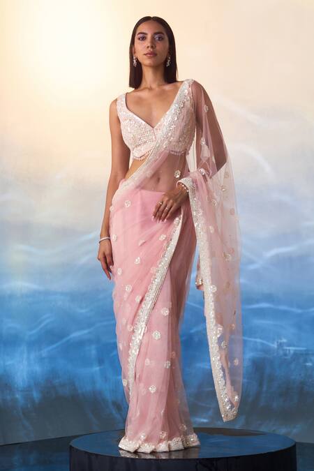 Angad Singh_Pink Net Sequins, Crystals, Beads Asymmetric Astral Bloom Embroidered Saree Set _Online_at_Aza_Fashions