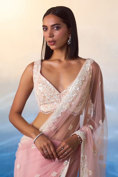 Buy_Angad Singh_Pink Net Sequins, Crystals, Beads Asymmetric Astral Bloom Embroidered Saree Set _Online_at_Aza_Fashions