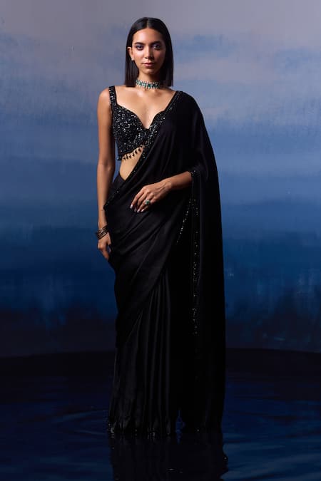 Angad Singh_Black Satin Sequins, Crystals, Beads Musk Rose Border Embroidered Saree Set _Online_at_Aza_Fashions