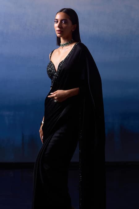 Buy_Angad Singh_Black Satin Sequins, Crystals, Beads Musk Rose Border Embroidered Saree Set _Online_at_Aza_Fashions