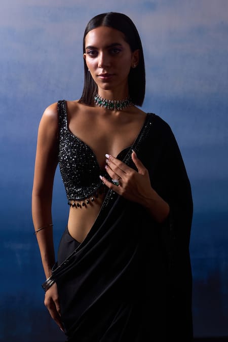 Angad Singh_Black Satin Sequins, Crystals, Beads Musk Rose Border Embroidered Saree Set _at_Aza_Fashions