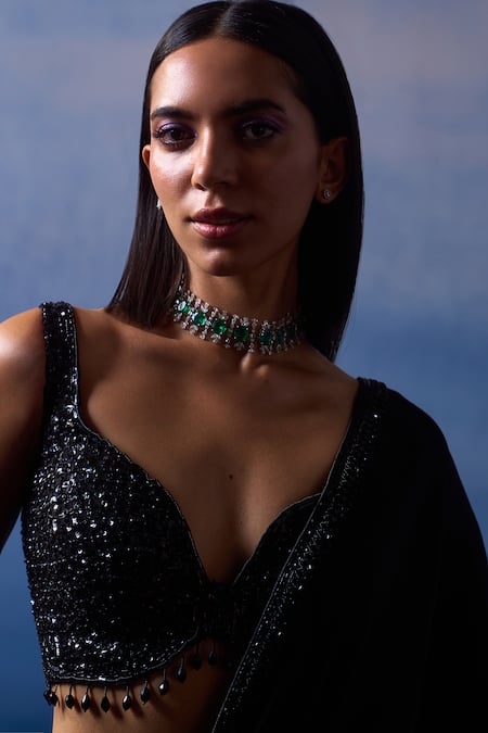 Buy_Angad Singh_Black Satin Sequins, Crystals, Beads Musk Rose Border Embroidered Saree Set 