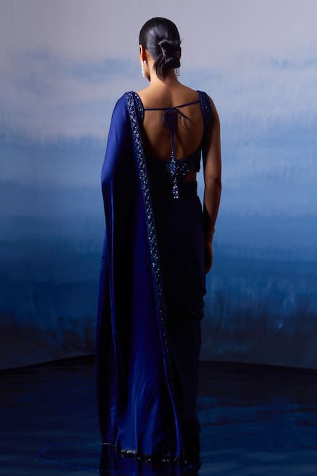 Angad Singh Midnight Iris Border Embroidered Saree Set 