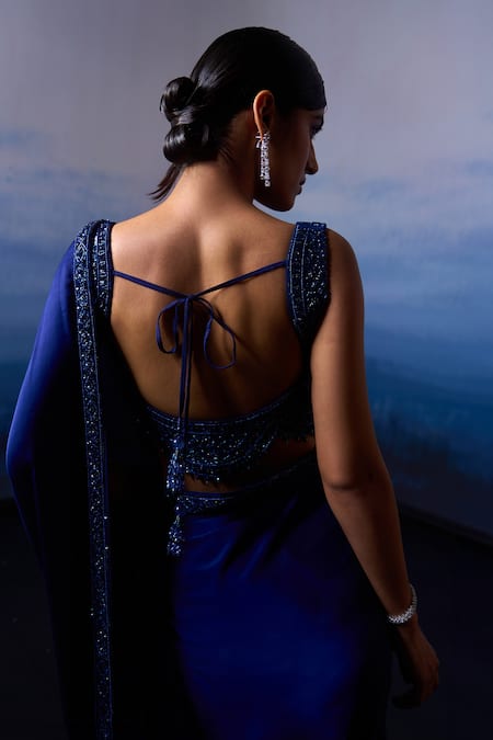 Angad Singh_Blue Satin Sequins, Crystals, Beads Midnight Iris Border Embroidered Saree Set _Online_at_Aza_Fashions