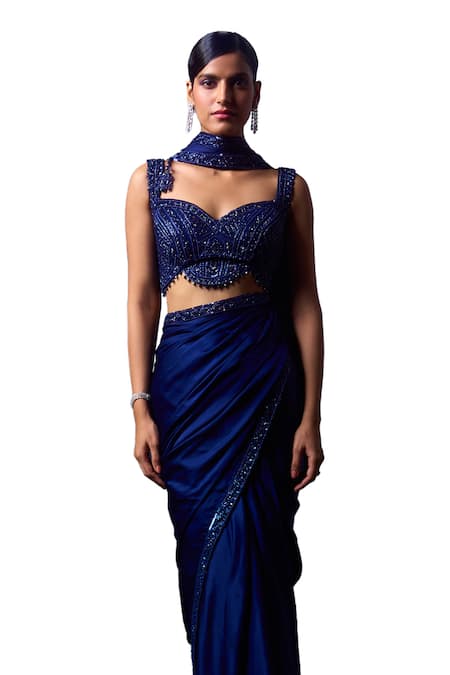 Buy_Angad Singh_Blue Satin Sequins, Crystals, Beads Midnight Iris Border Embroidered Saree Set _Online_at_Aza_Fashions