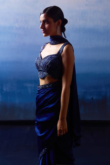 Shop_Angad Singh_Blue Satin Sequins, Crystals, Beads Midnight Iris Border Embroidered Saree Set _Online_at_Aza_Fashions