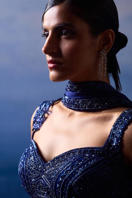 Angad Singh_Blue Satin Sequins, Crystals, Beads Midnight Iris Border Embroidered Saree Set _at_Aza_Fashions