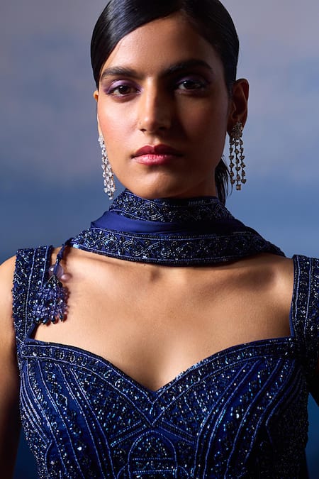 Buy_Angad Singh_Blue Satin Sequins, Crystals, Beads Midnight Iris Border Embroidered Saree Set 