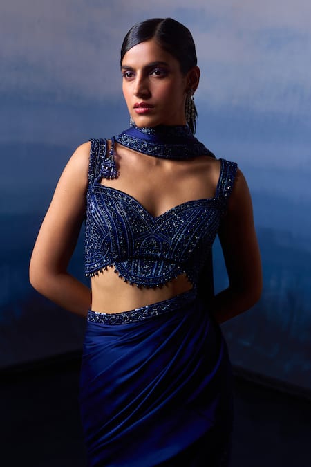 Shop_Angad Singh_Blue Satin Sequins, Crystals, Beads Midnight Iris Border Embroidered Saree Set 