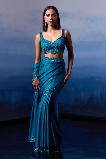 Angad Singh Ocean Mirage Border Embroidered Saree Set 