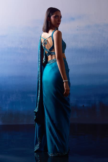 Angad Singh Ocean Mirage Border Embroidered Saree Set 