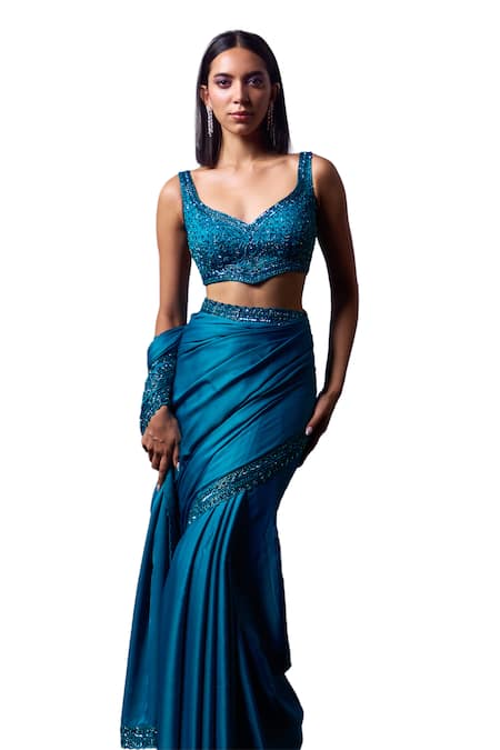 Angad Singh Blue Satin Sequins, Crystals, Zari, Ocean Mirage Border Embroidered Saree Set Online at Aza Fashions Angad Singh_Blue Satin Sequins, Crystals, Zari, Ocean Mirage Border Embroidered Saree Set _Online_at_Aza_Fashions