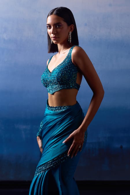 Buy Angad Singh Blue Satin Sequins, Crystals, Zari, Ocean Mirage Border Embroidered Saree Set Online at Aza Fashions Buy_Angad Singh_Blue Satin Sequins, Crystals, Zari, Ocean Mirage Border Embroidered Saree Set _Online_at_Aza_Fashions