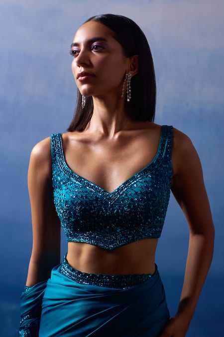 Shop Angad Singh Blue Satin Sequins, Crystals, Zari, Ocean Mirage Border Embroidered Saree Set Online at Aza Fashions Shop_Angad Singh_Blue Satin Sequins, Crystals, Zari, Ocean Mirage Border Embroidered Saree Set _Online_at_Aza_Fashions