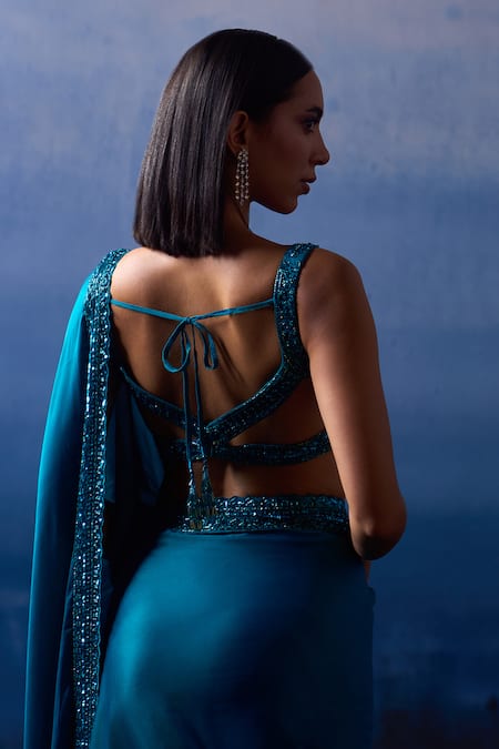 Angad Singh Blue Satin Sequins, Crystals, Zari, Ocean Mirage Border Embroidered Saree Set at Aza Fashions Angad Singh_Blue Satin Sequins, Crystals, Zari, Ocean Mirage Border Embroidered Saree Set _at_Aza_Fashions