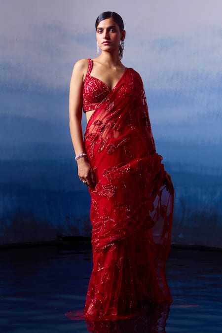 Angad Singh_Red Net Sequins, Crystals, Beads Sweetheart Mystic Rosa Embroidered Saree Set _Online_at_Aza_Fashions