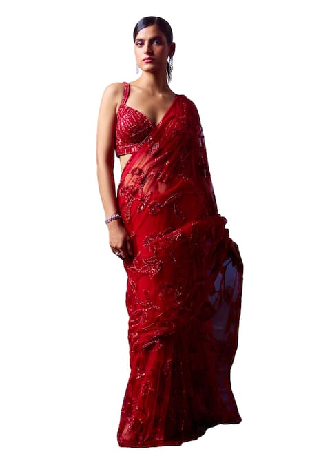 Buy_Angad Singh_Red Net Sequins, Crystals, Beads Sweetheart Mystic Rosa Embroidered Saree Set _Online_at_Aza_Fashions