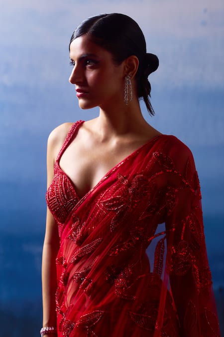 Angad Singh_Red Net Sequins, Crystals, Beads Sweetheart Mystic Rosa Embroidered Saree Set _at_Aza_Fashions